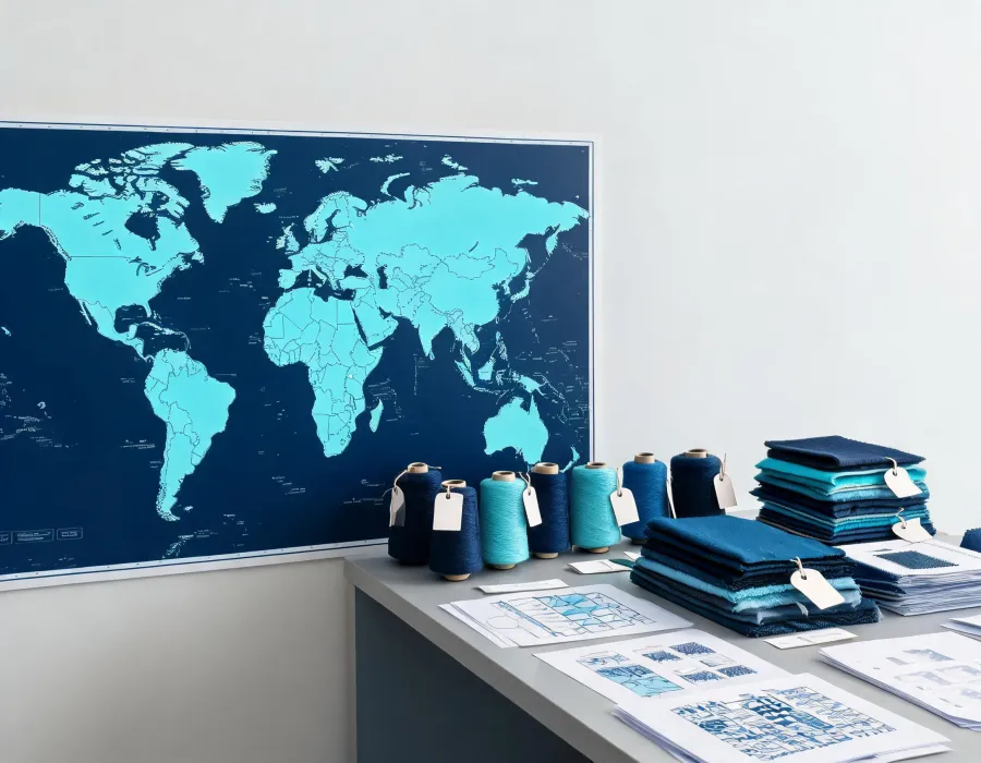 Global material support map and textile sample routing desk