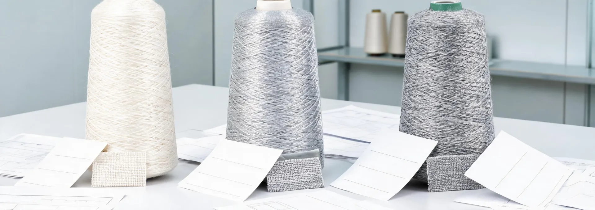 Cotton and blended yarn samples in an spinning and weaving validation studio