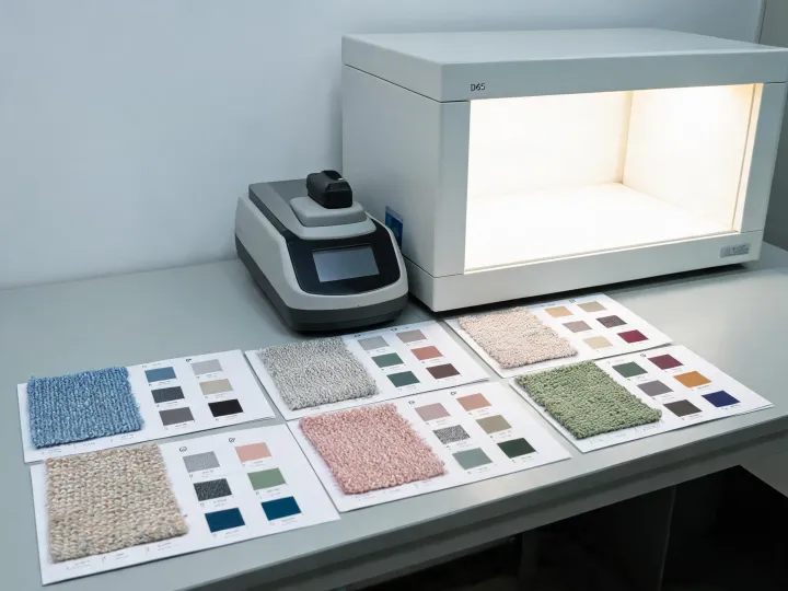 Color standards beside textured textile swatches