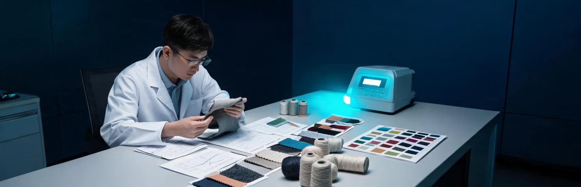 Material engineer reviewing yarn and fabric test reports