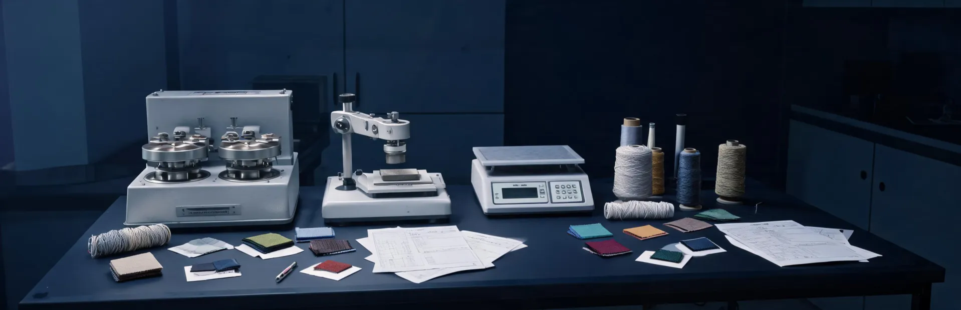 Accredited textile test bench with yarn and fabric specimens
